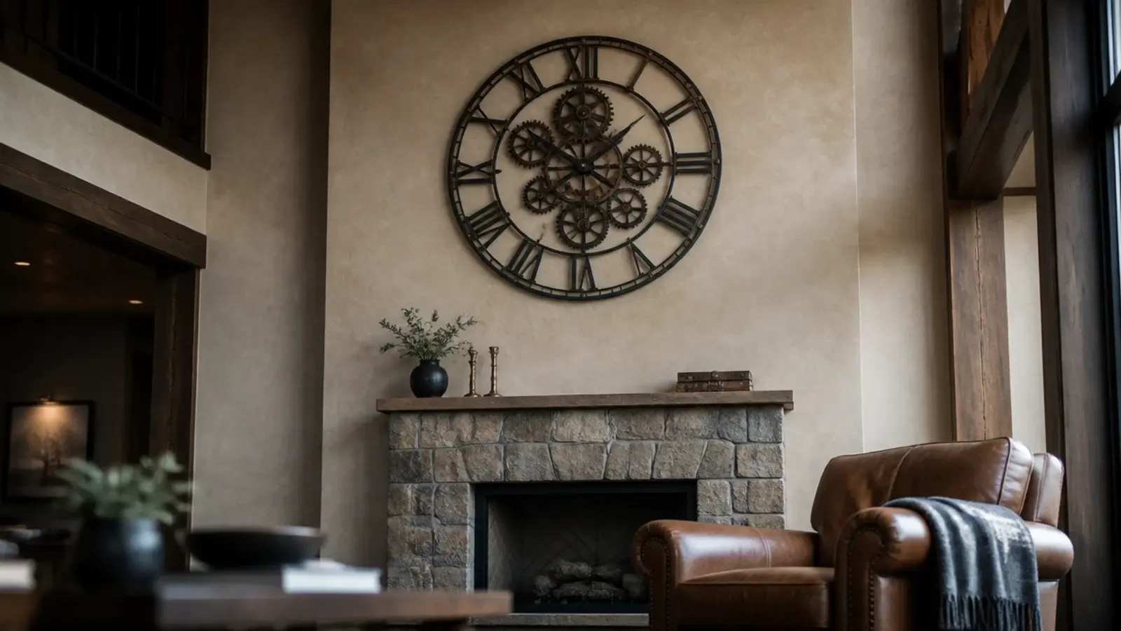 thirty six inch gear clock mounted high on a double height wall