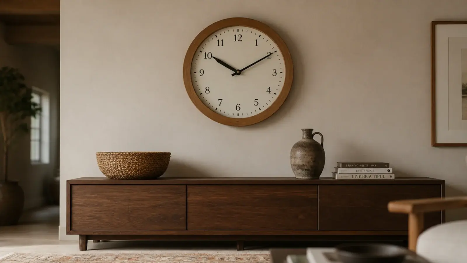 wide oak rimmed clock hung above a long low walnut sideboard