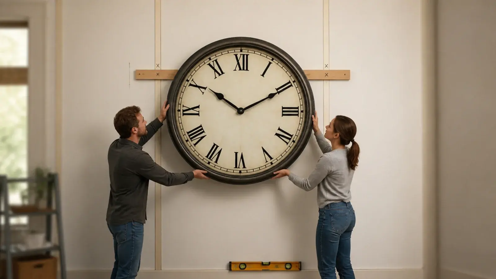 four foot clock hung on a cleat across two marked wall studs