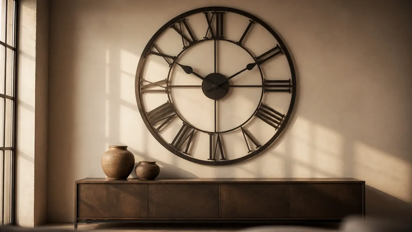large wall clock in dark metal filling a wide bare plaster wall