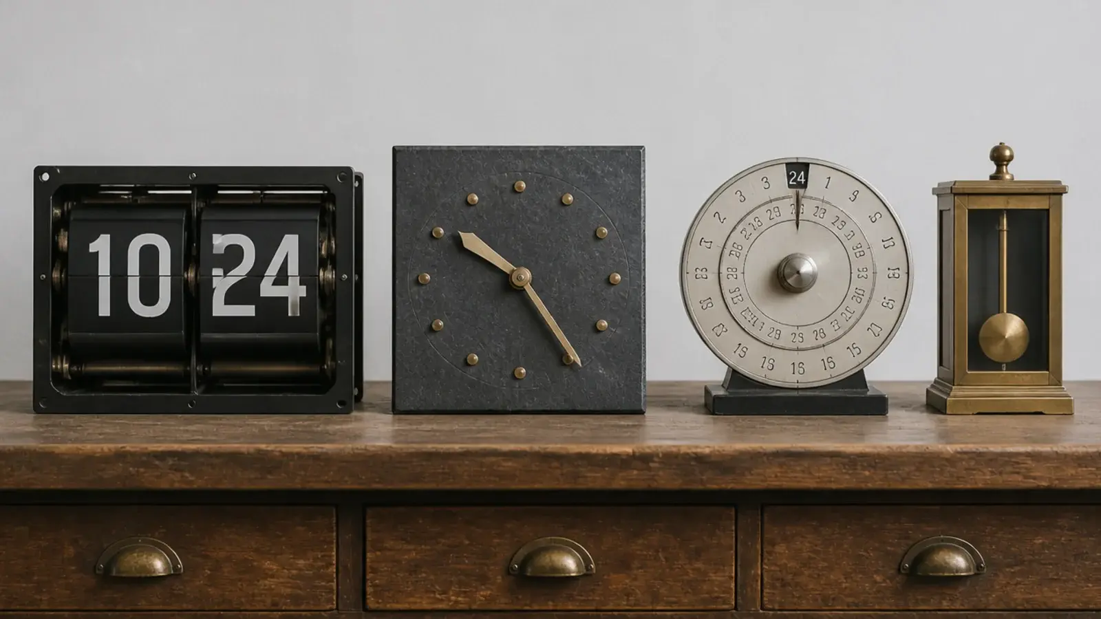 four unusual clock formats lined up on a workshop bench