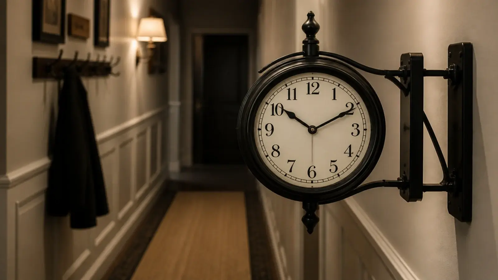 double sided clock projecting from a corridor wall on a bracket