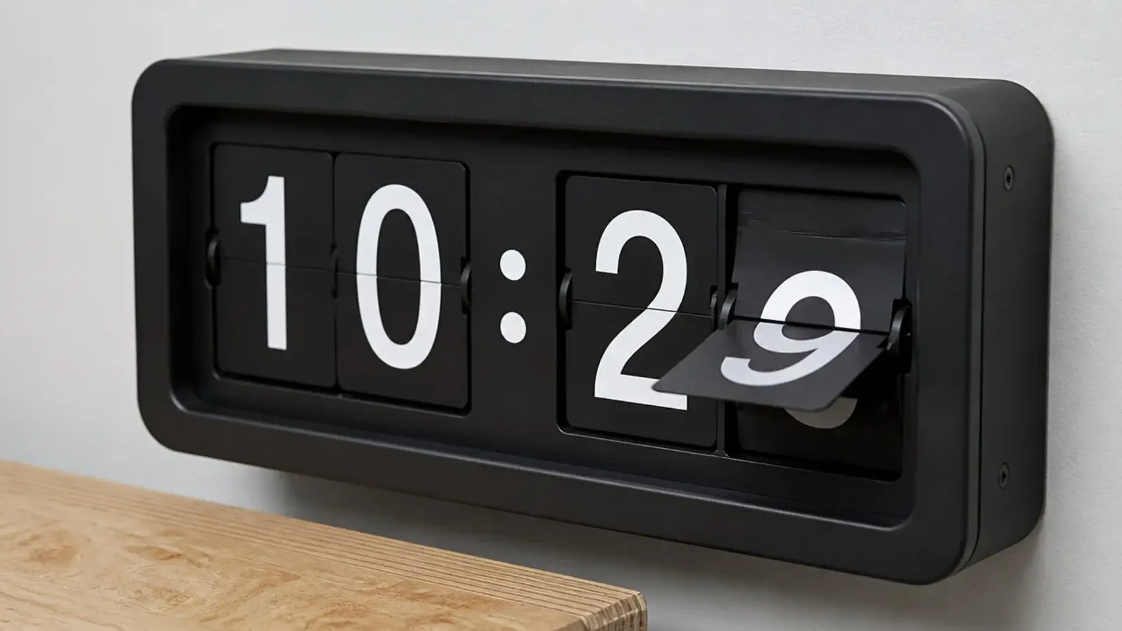 split flap clock mid flip showing numerals turning over
