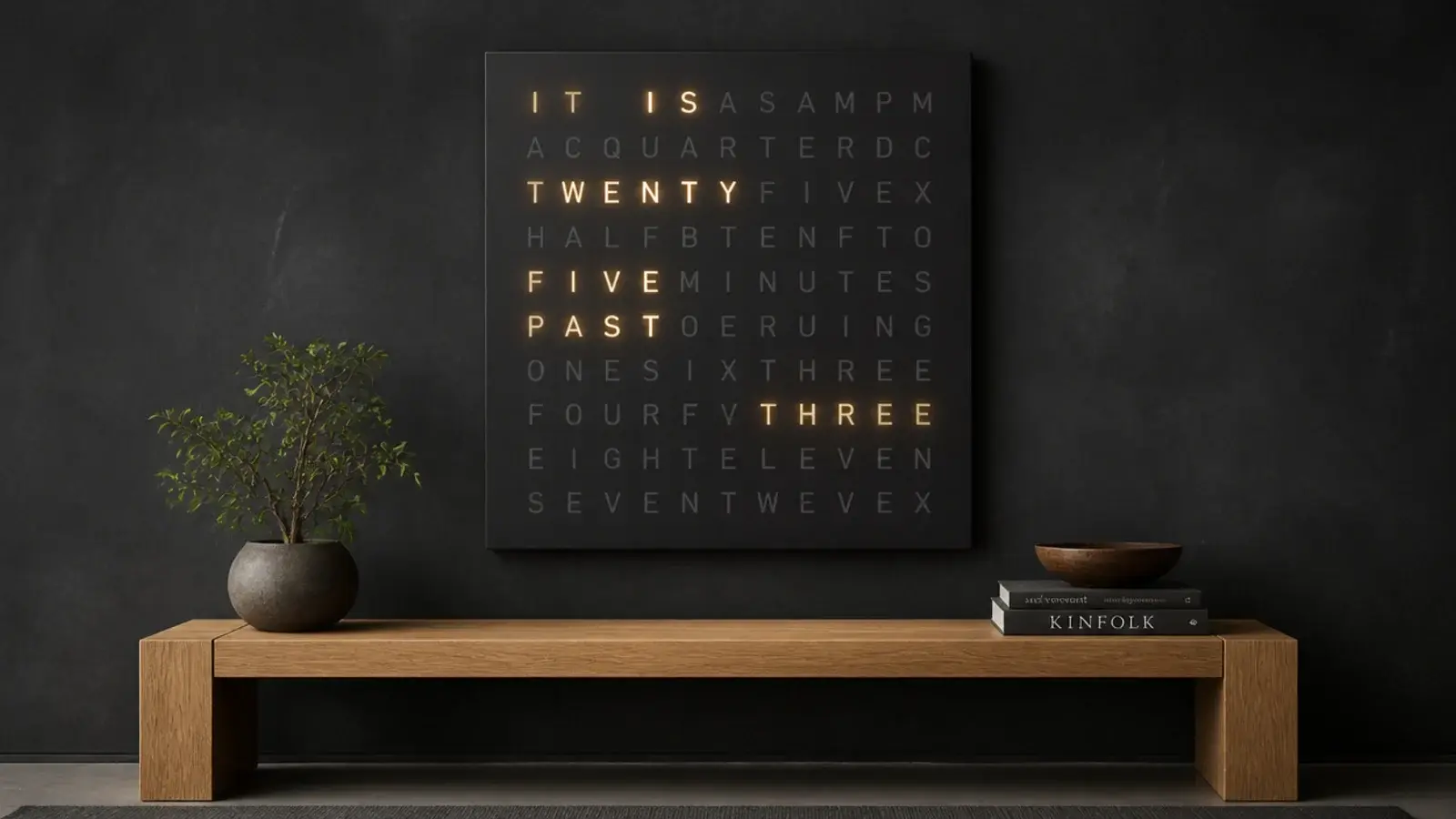 word clock spelling out the time in lit letters on dark board