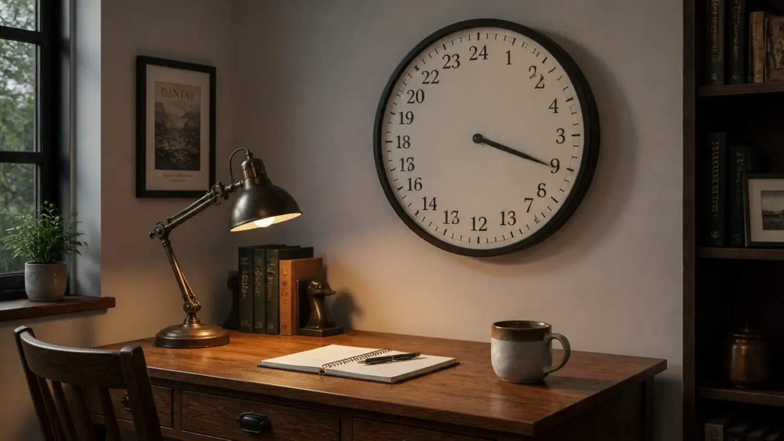 twenty four hour dial clock above a desk and open notebook