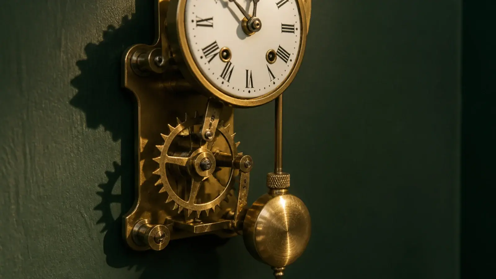 brass escapement and pendulum working openly beneath a clock dial