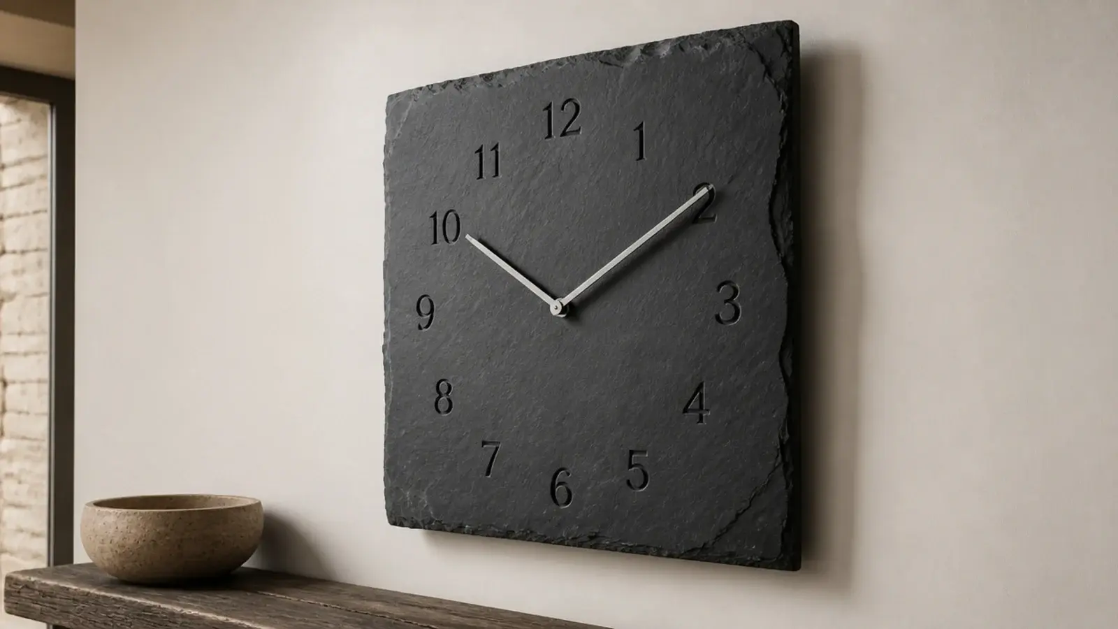 dark slate slab clock with numerals cut into the stone face