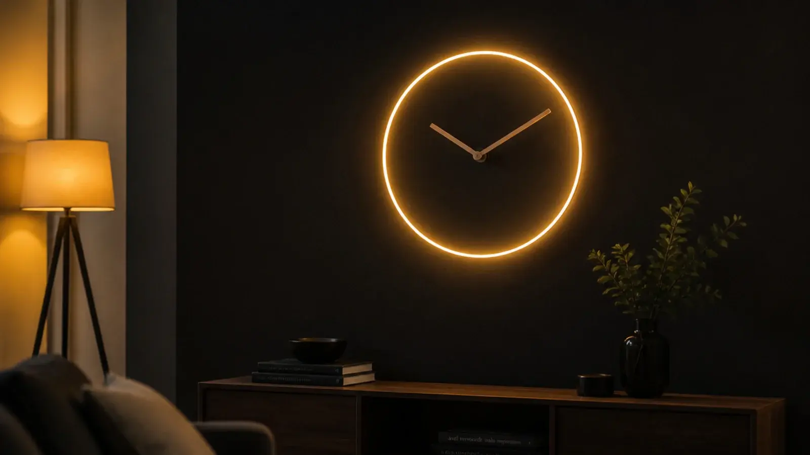 illuminated ring clock glowing softly on a dark painted wall