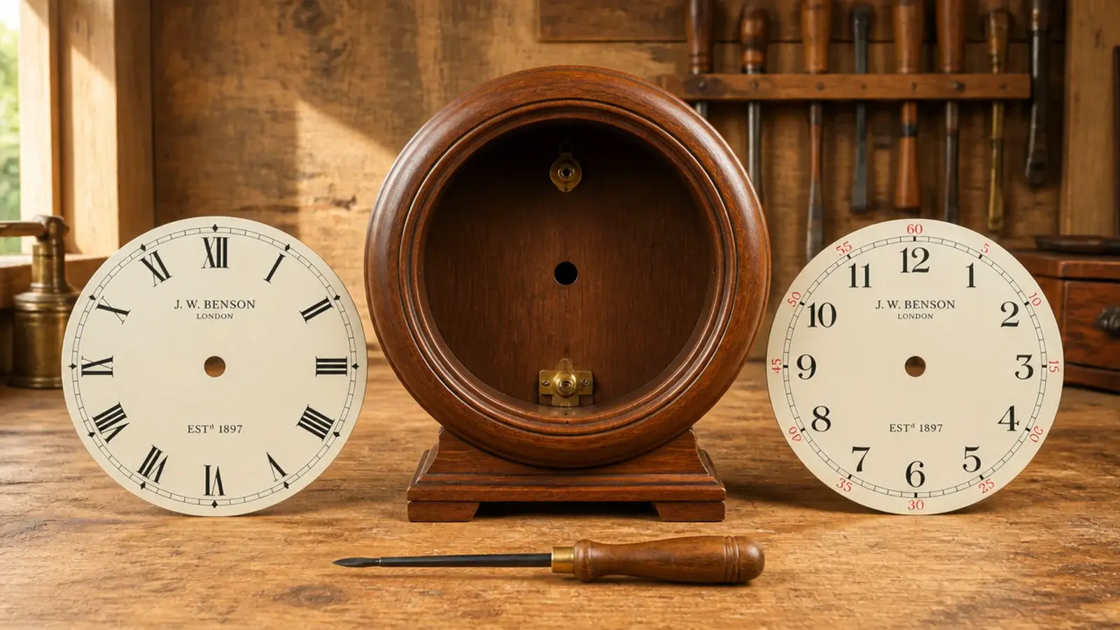clock case with two alternative dial plates resting beside it