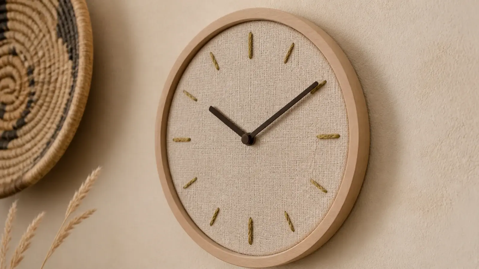 stitched linen clock face stretched inside a slim timber ring