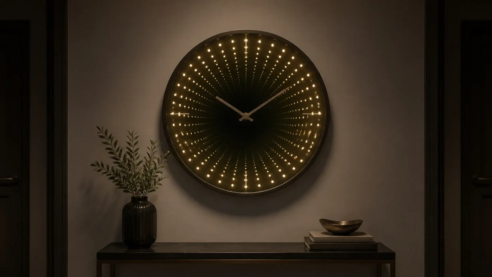 mirrored clock showing receding rings of tiny lights at night