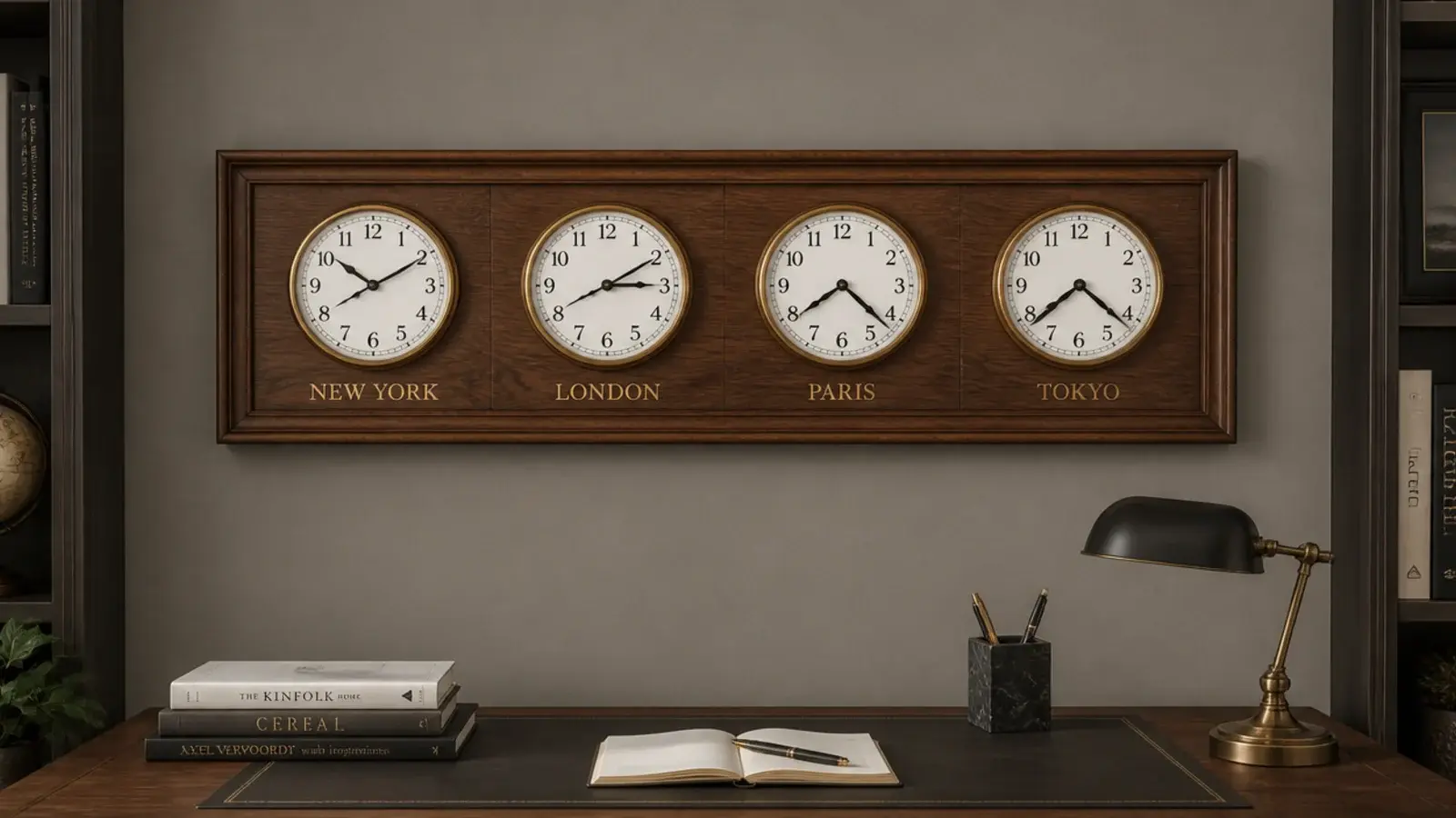 single clock case holding four small dials for different cities