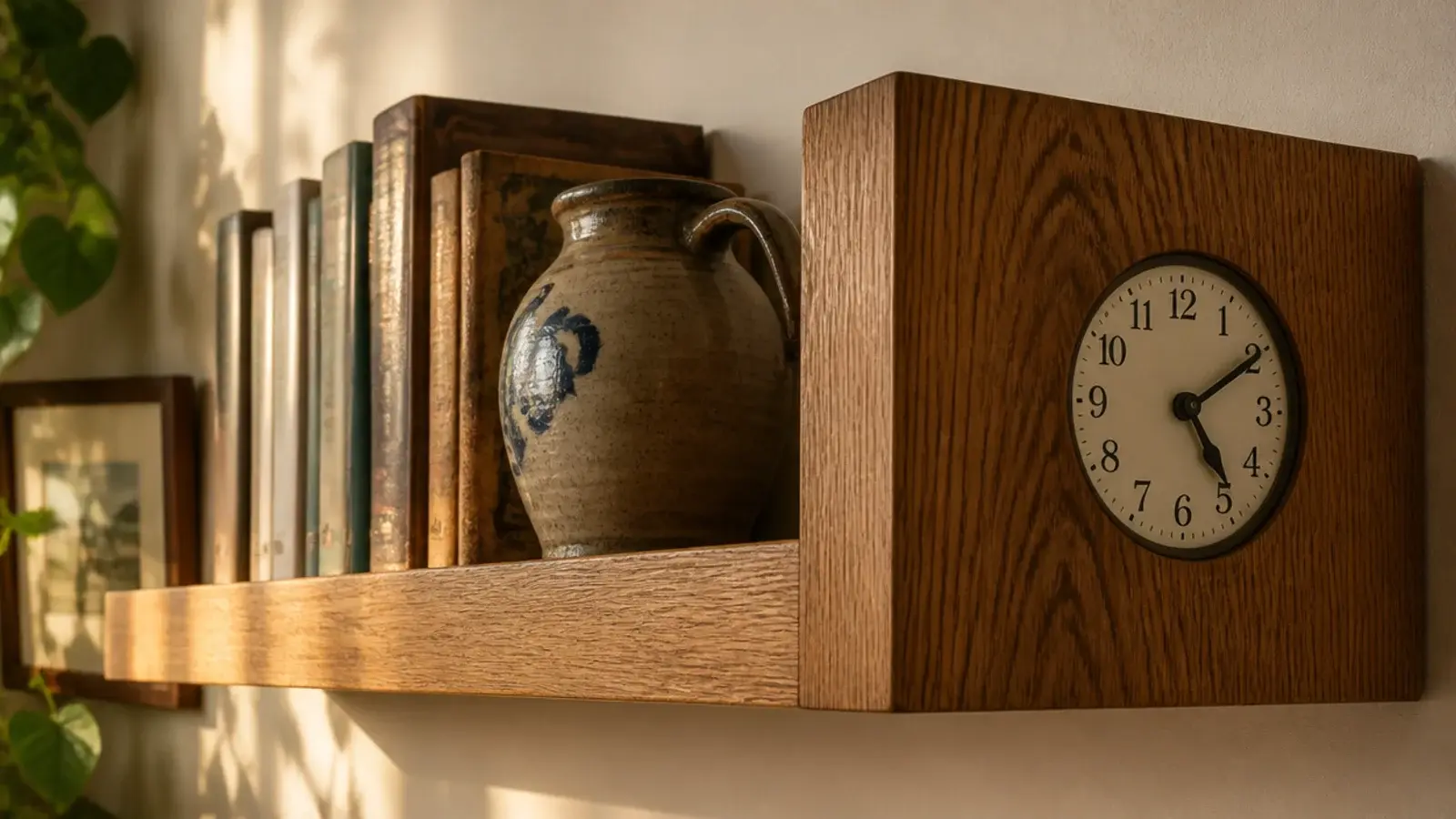 clock face set flush into the end panel of an oak shelf