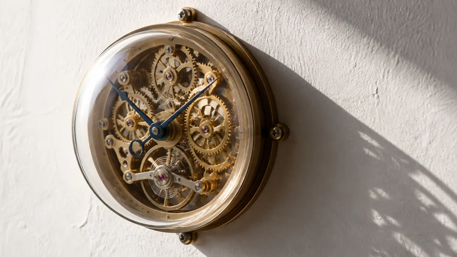 domed glass lens magnifying an exposed movement and slim hands