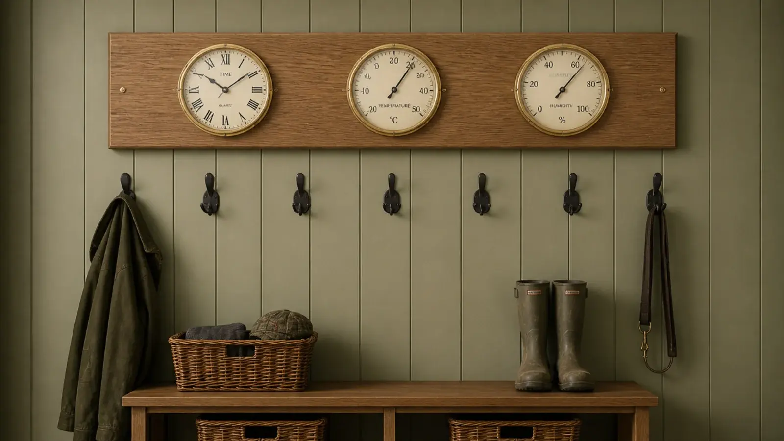 three linked dials showing time temperature and humidity together