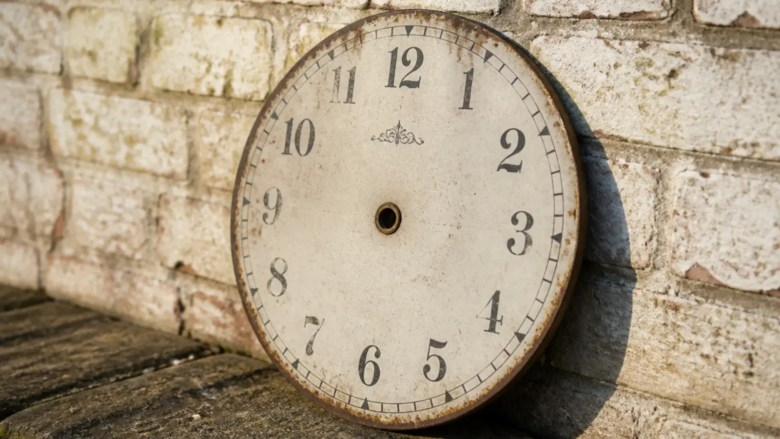 painted tin clock face with faded numerals and rust spotting