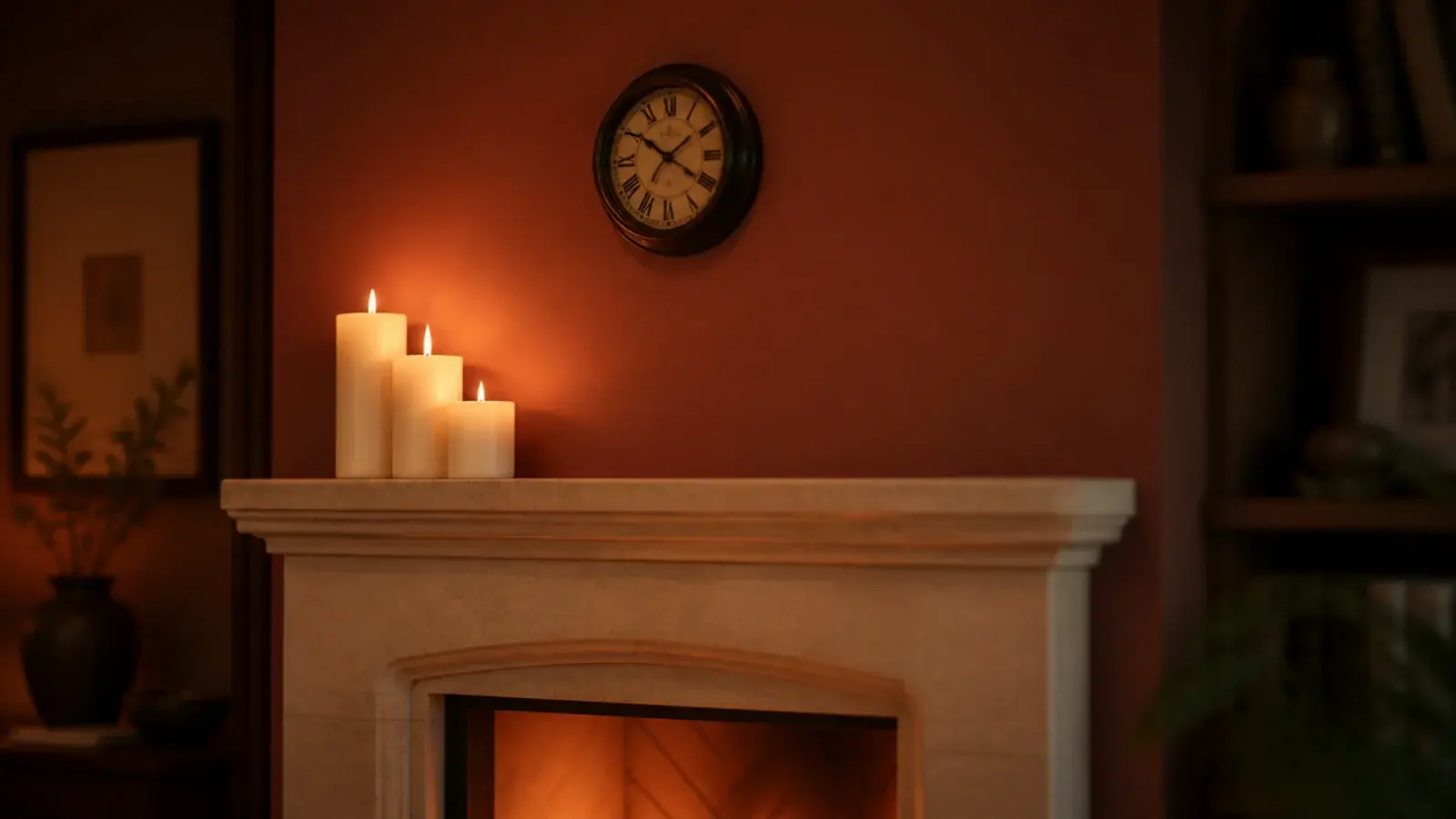 clock centred on a chimney breast above a stone mantel shelf
