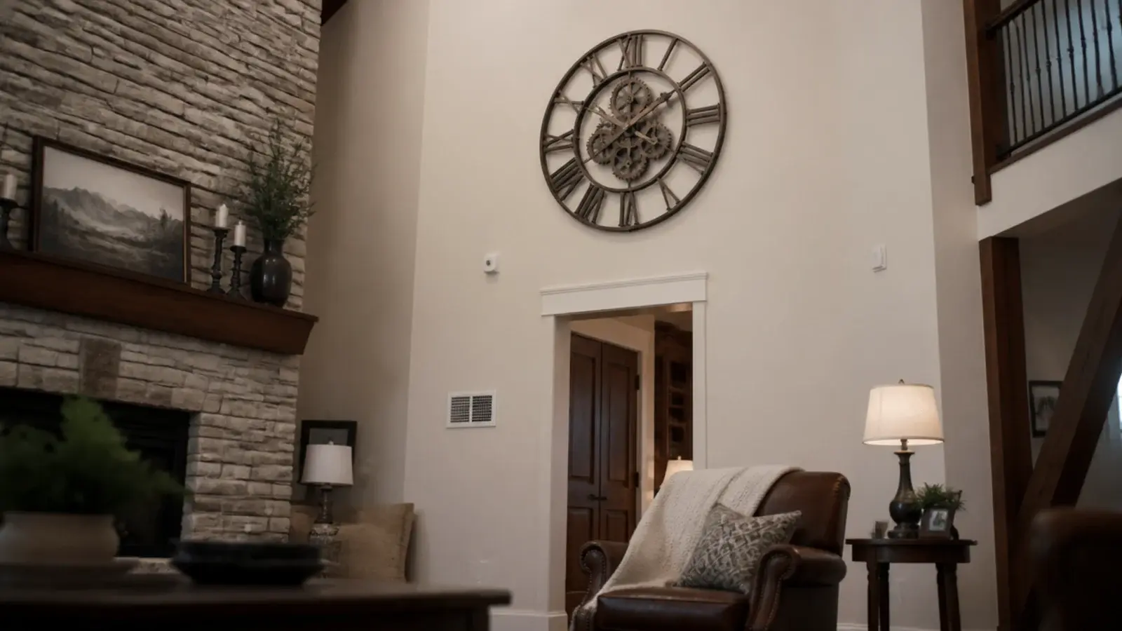 open gear clock mounted high on a tall double height wall
