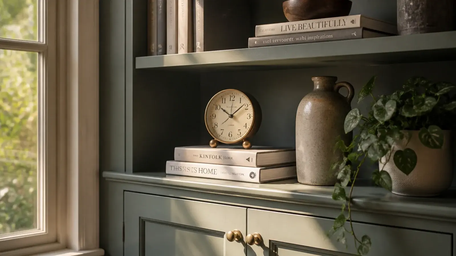 small clock resting inside a built in shelf among books