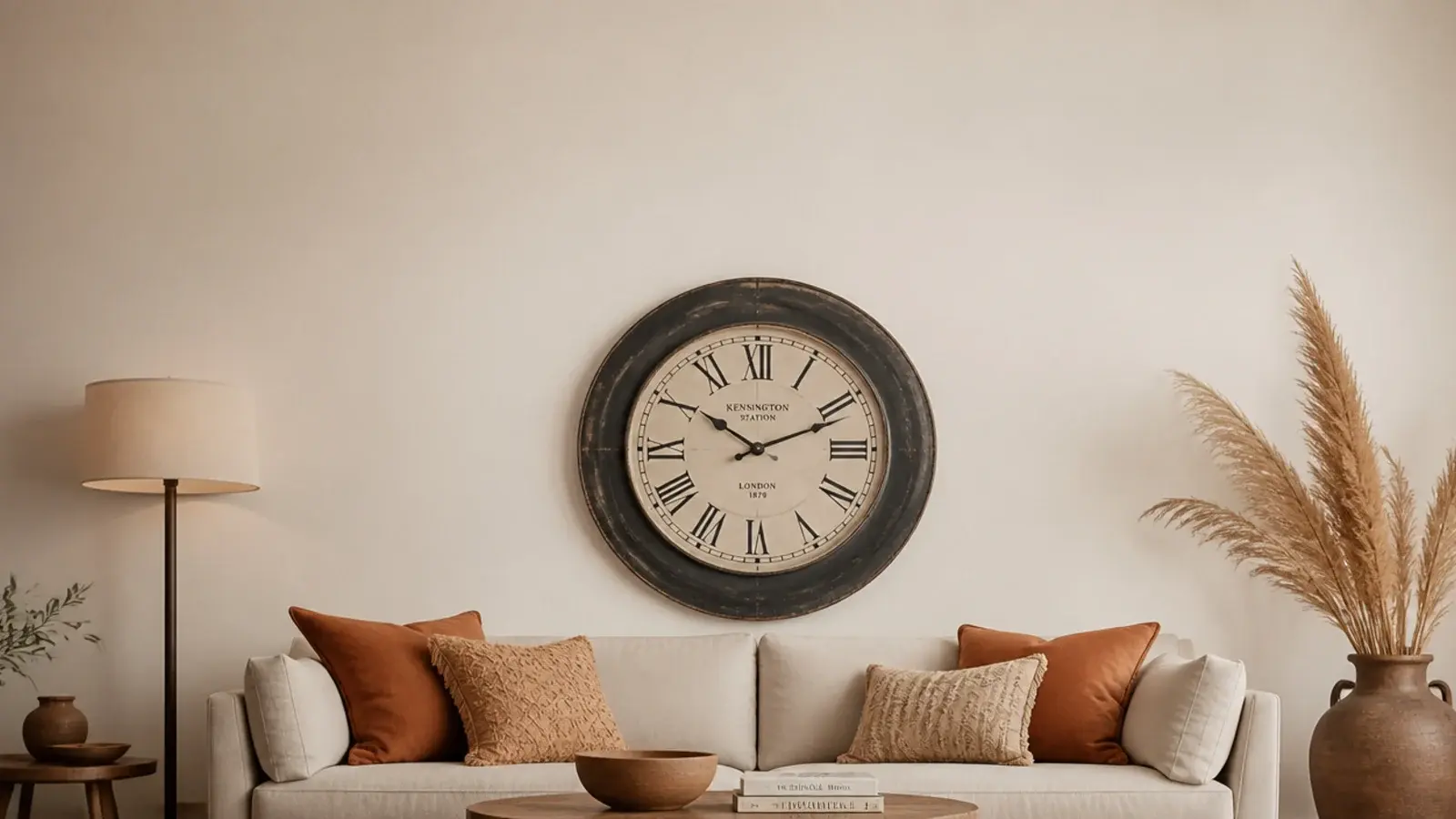 tall living room view with a large clock above a linen sofa
