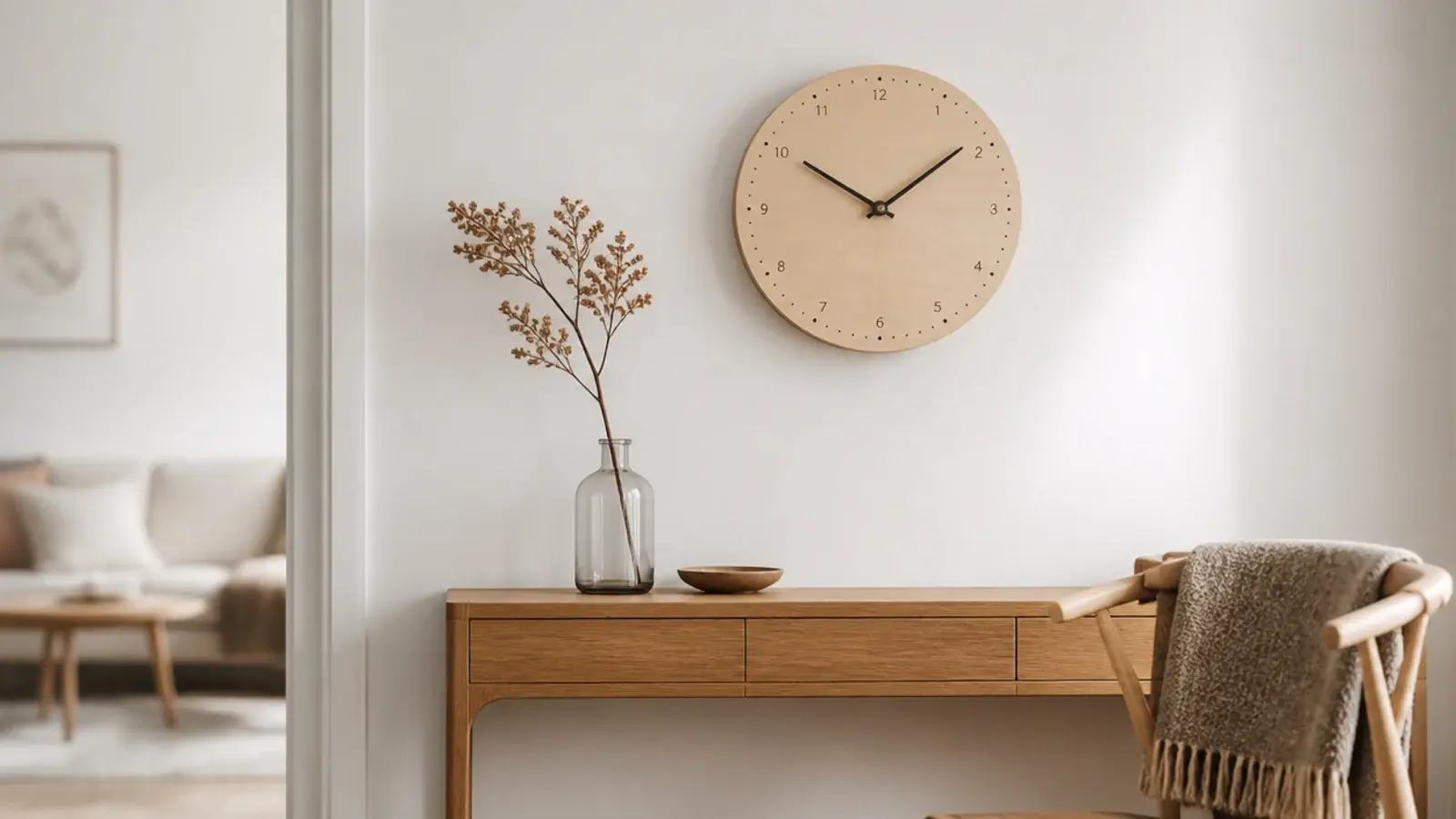 pale birch clock with bone dial in a bright scandinavian room