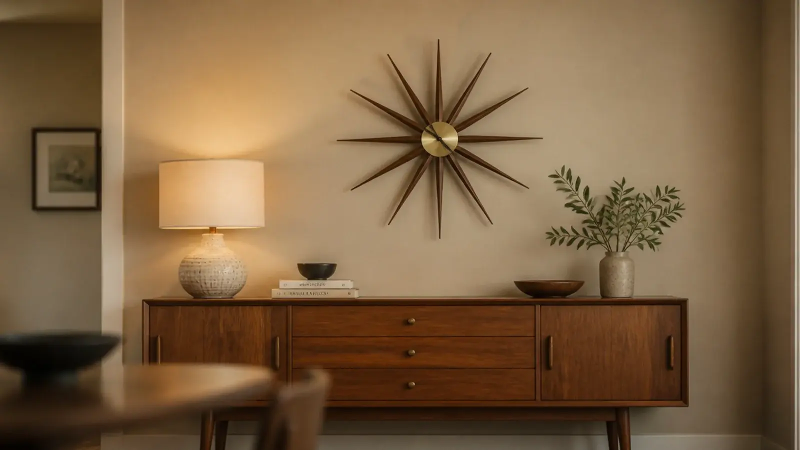 sunburst clock with slim wooden rays on a sand coloured wall