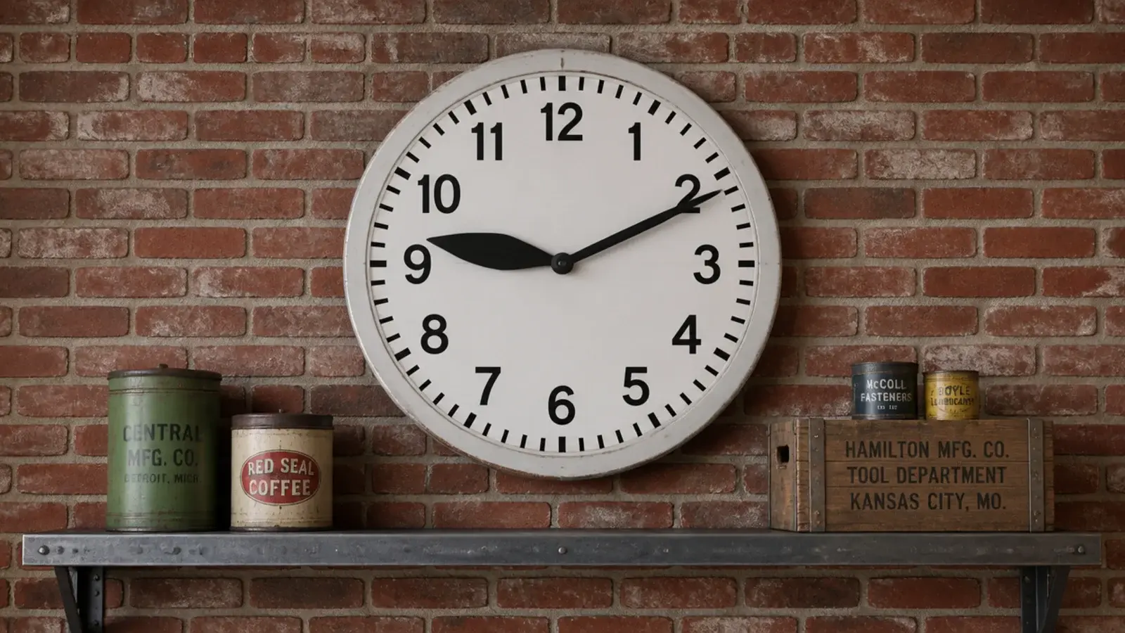 factory style clock with heavy numerals and a black minute track