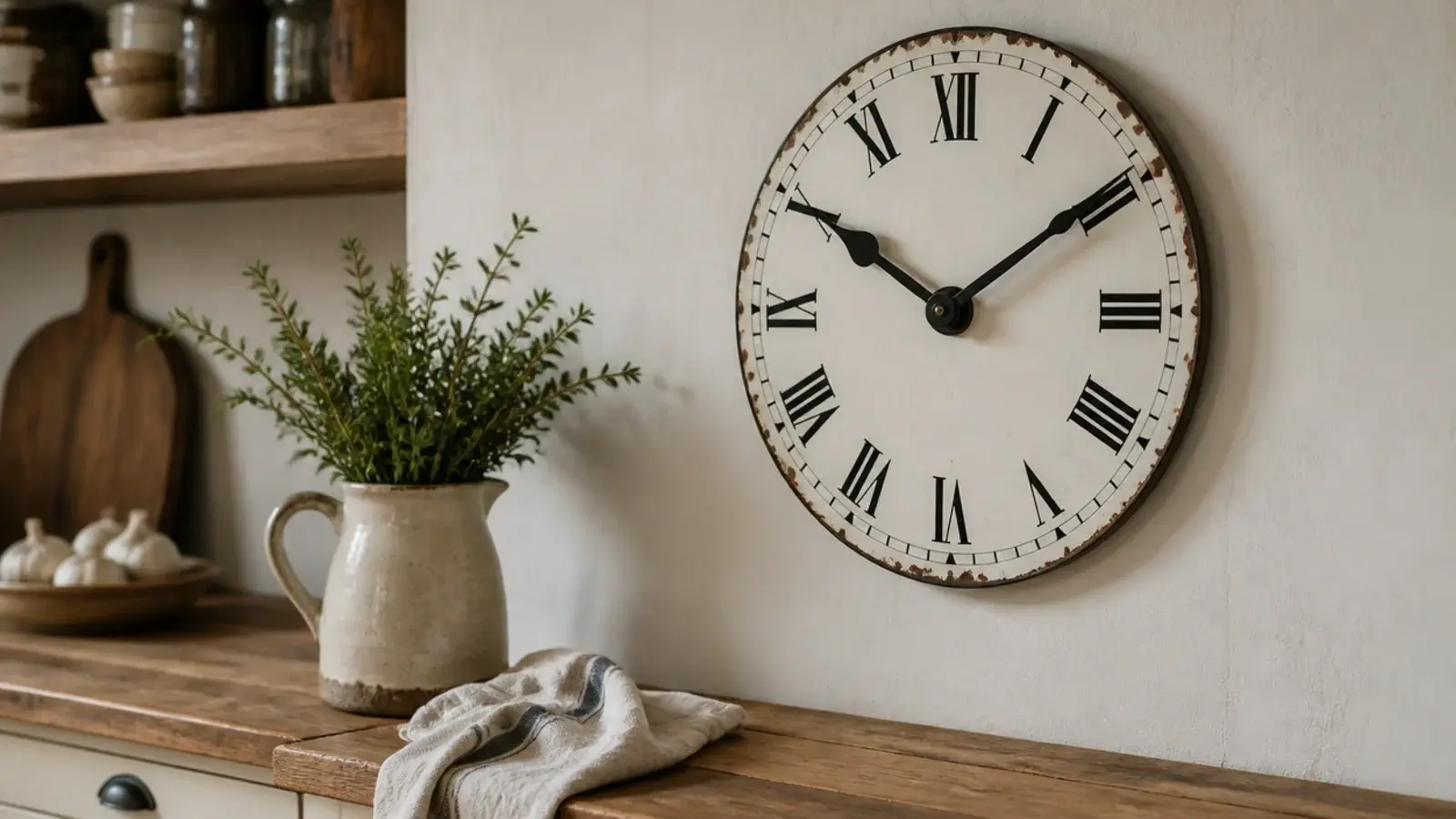 enamelled farmhouse clock with worn edges above a kitchen counter