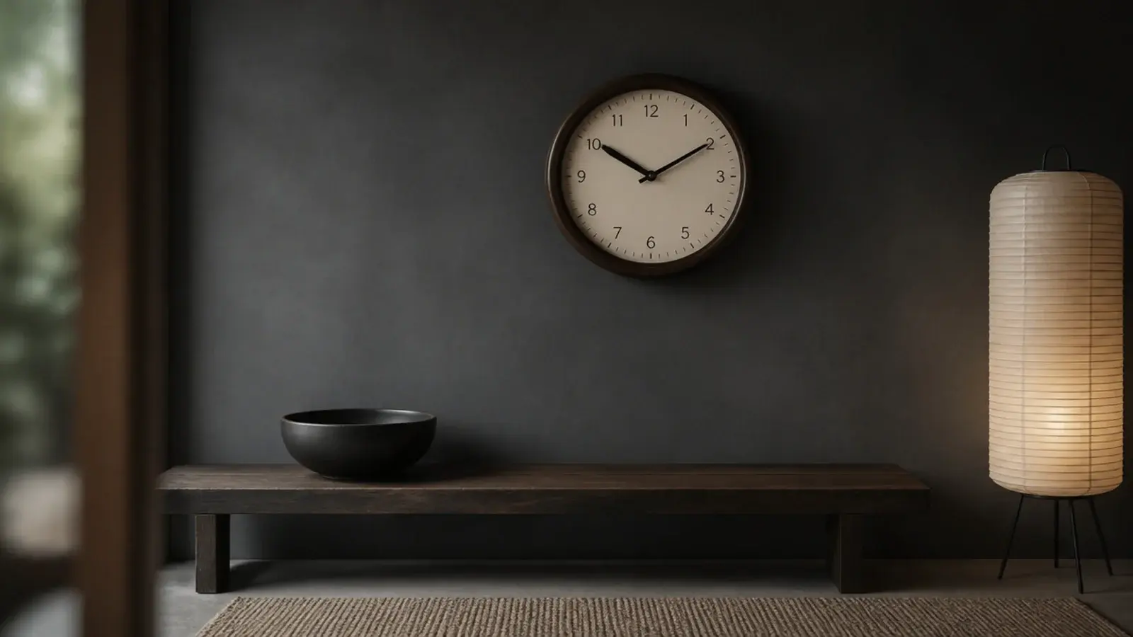 dark stained oak clock with an off white dial in a calm room