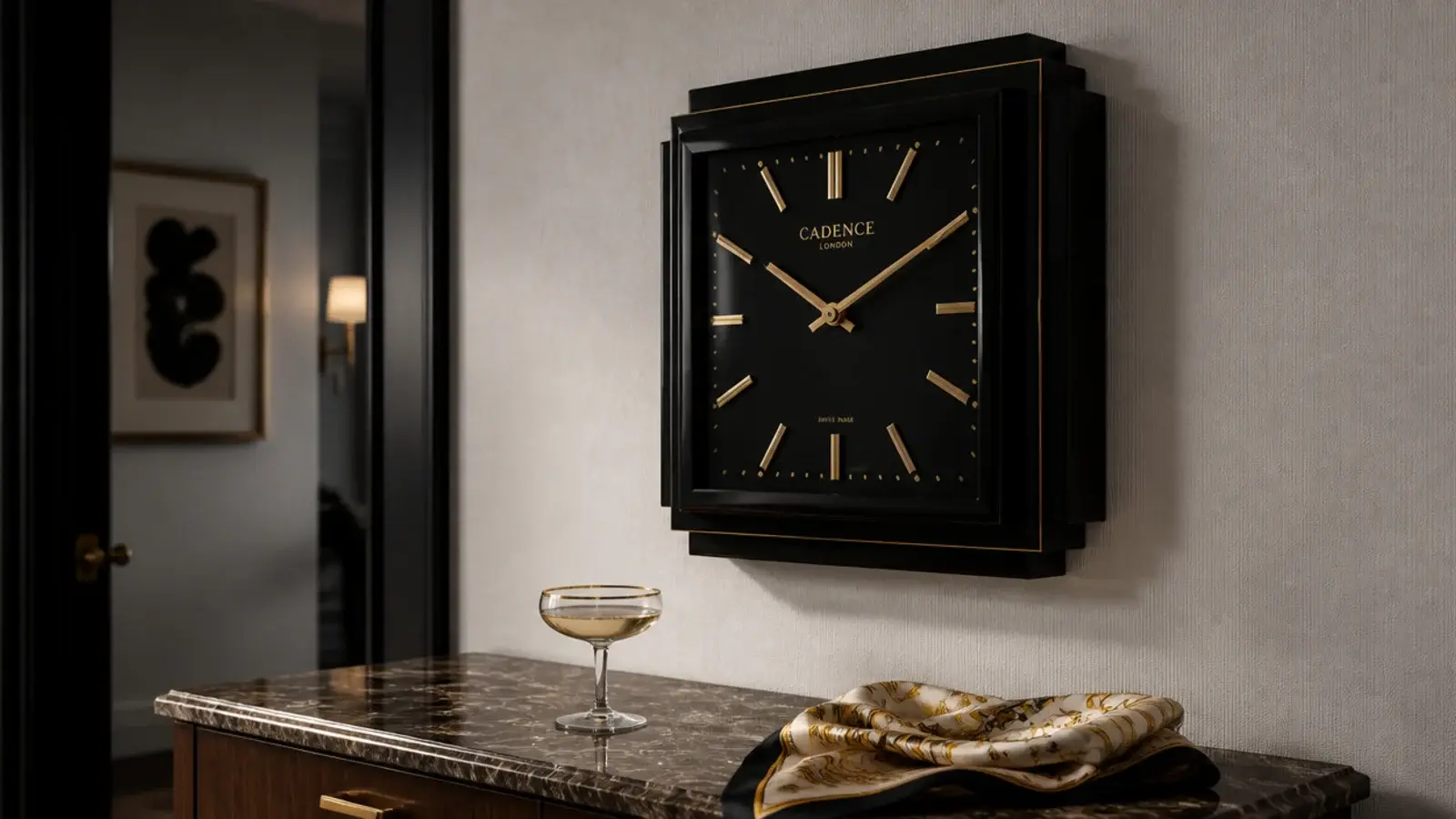 stepped deco clock case in black lacquer with brass markers