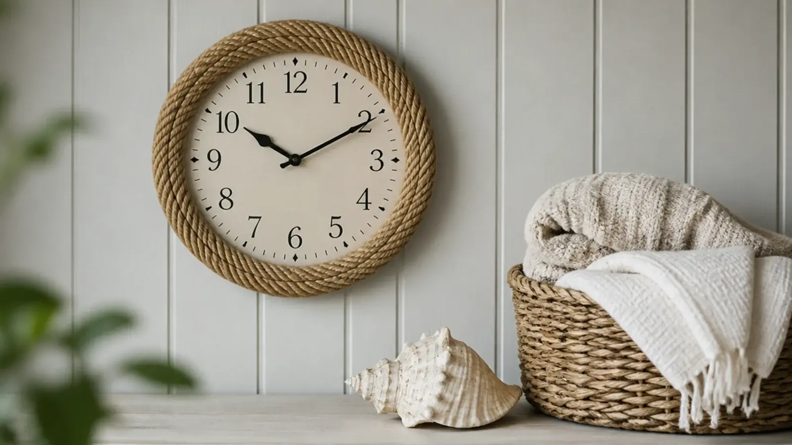 rope wrapped clock rim on driftwood grey painted boarding