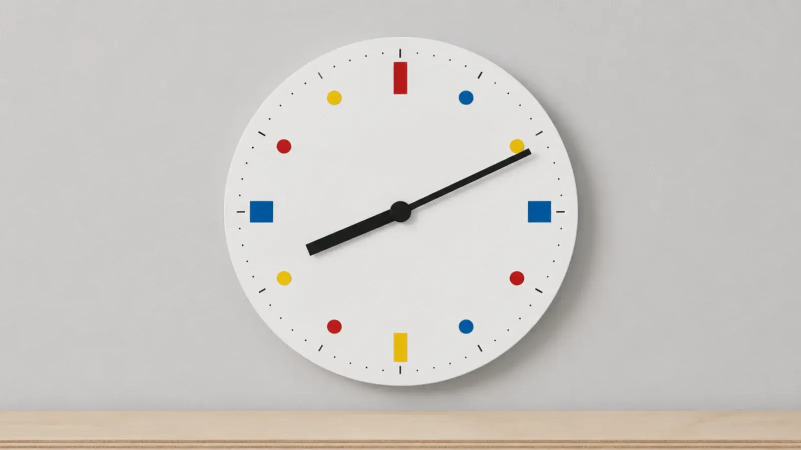 graphic clock face with red yellow and blue markers on white