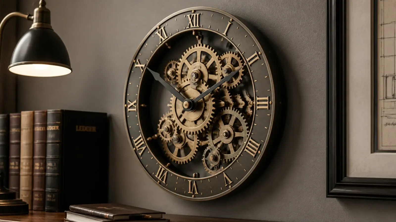 clock with exposed brass gears turning behind an open face