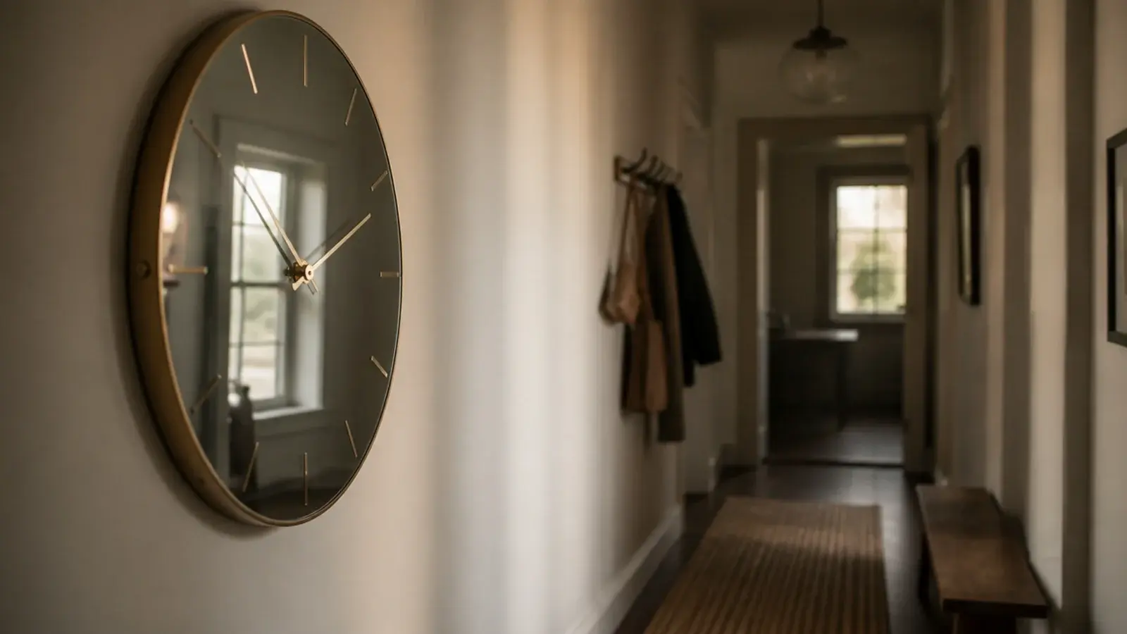 mirrored clock face ringed in thin brass in a narrow hall