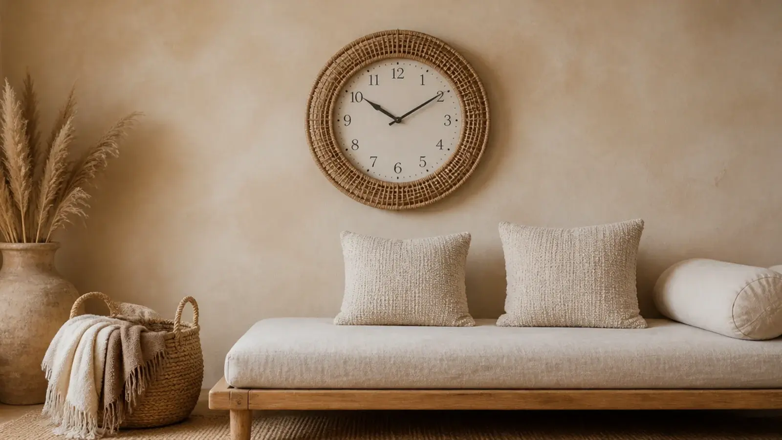rattan rimmed clock among linen textiles in a soft neutral room