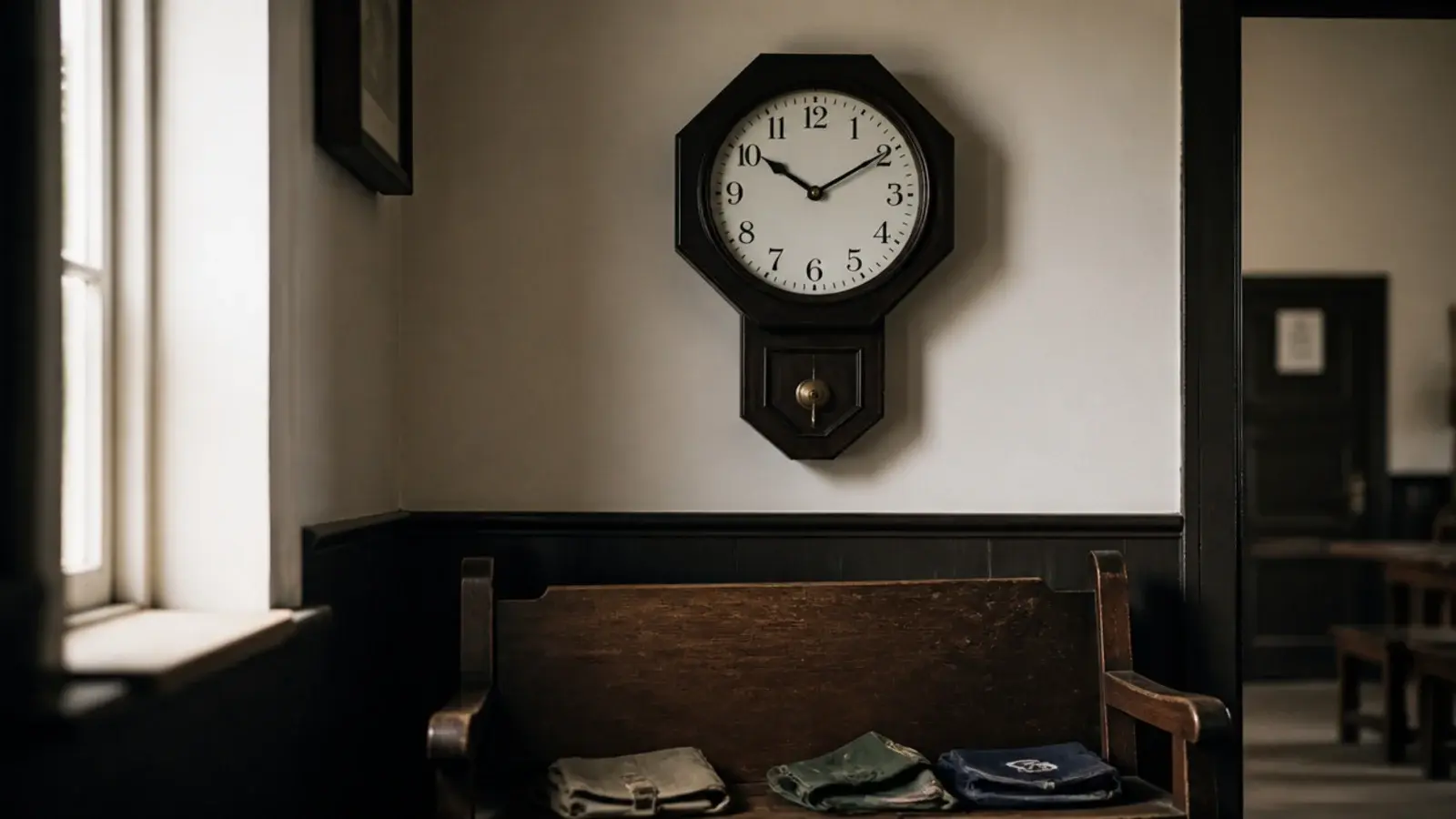 octagonal schoolhouse clock in dark timber above a hall bench