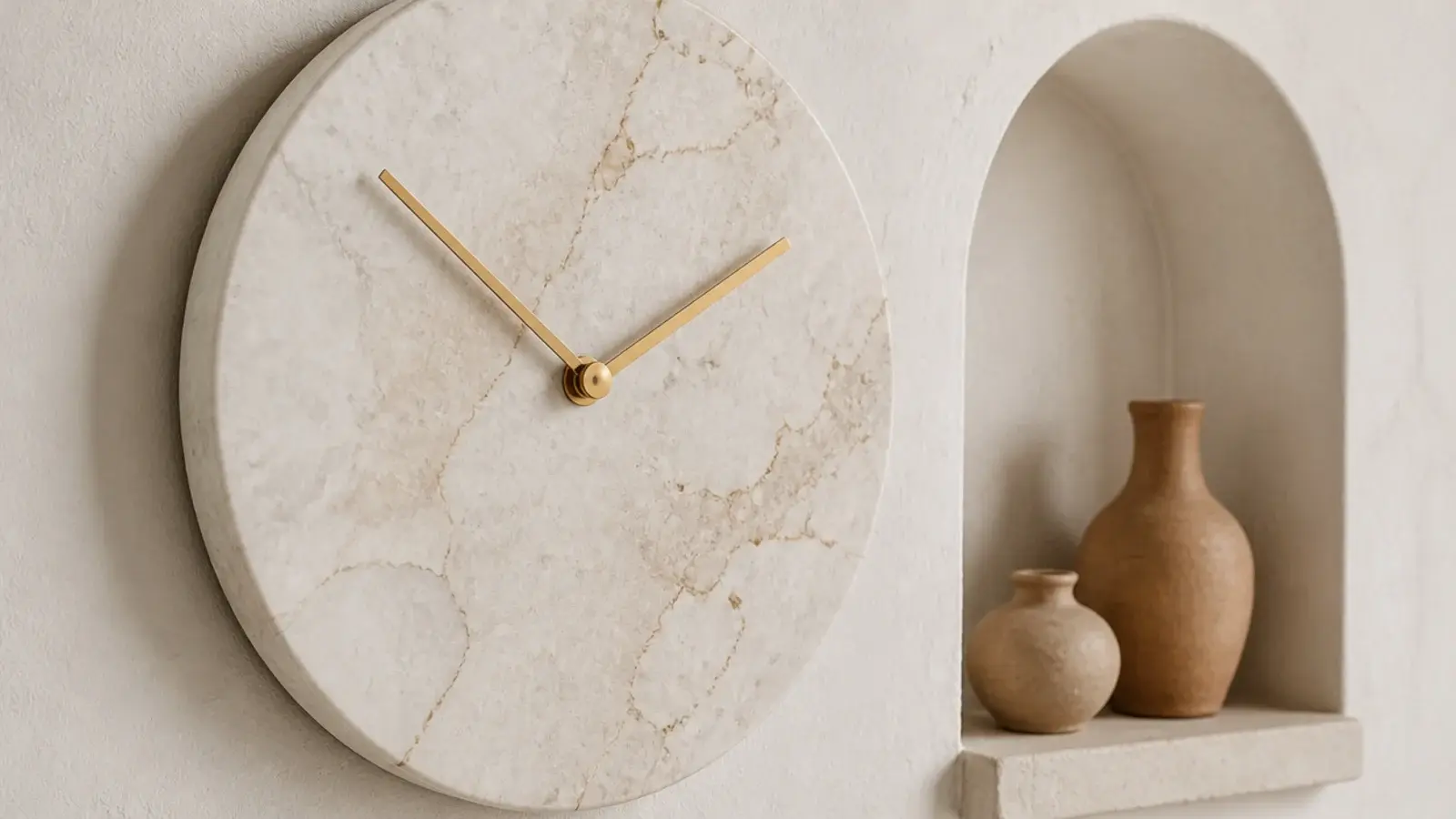 veined marble effect clock dial with slim gold hands