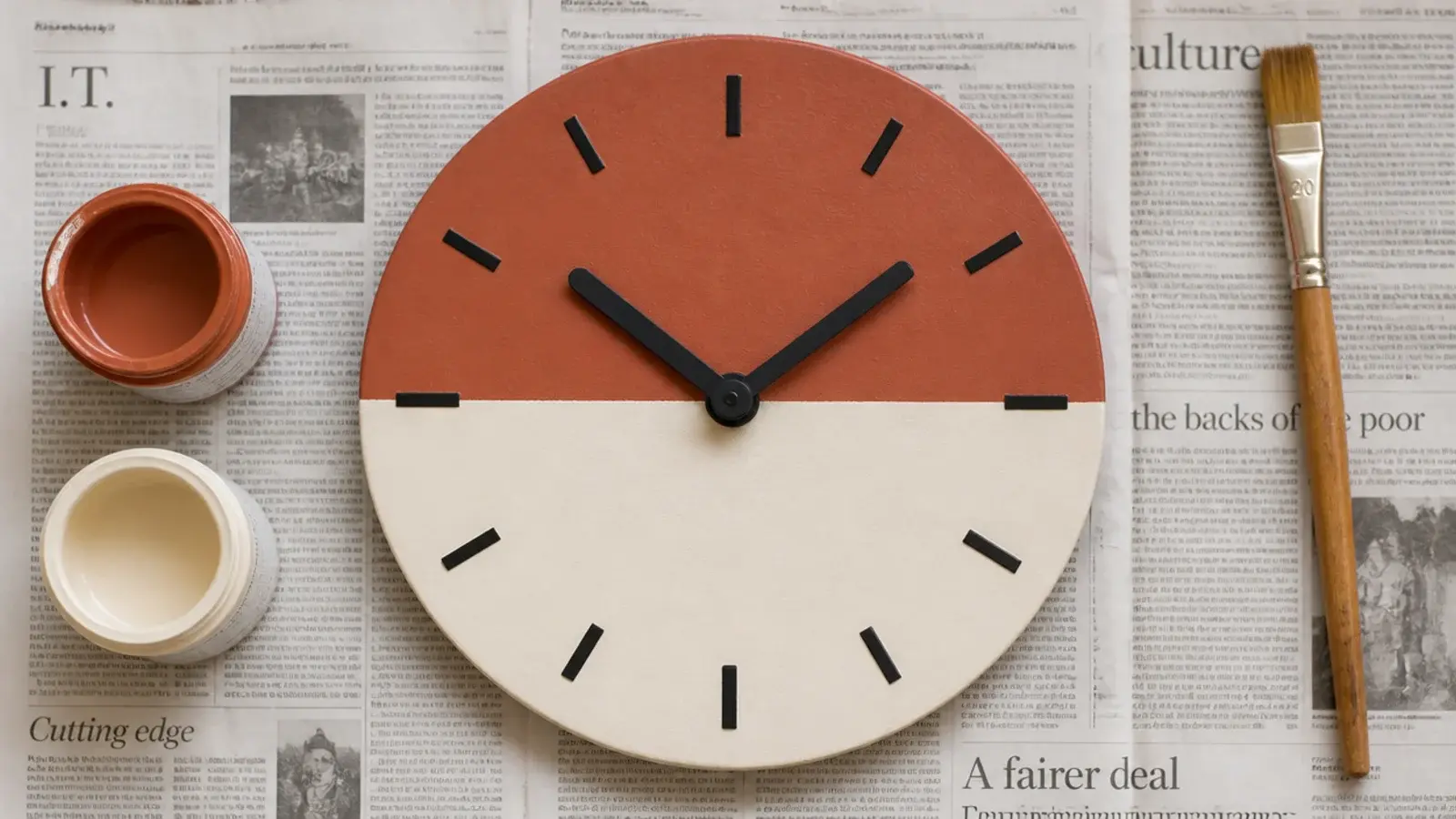 clock dial painted in two blocks of clay and cream
