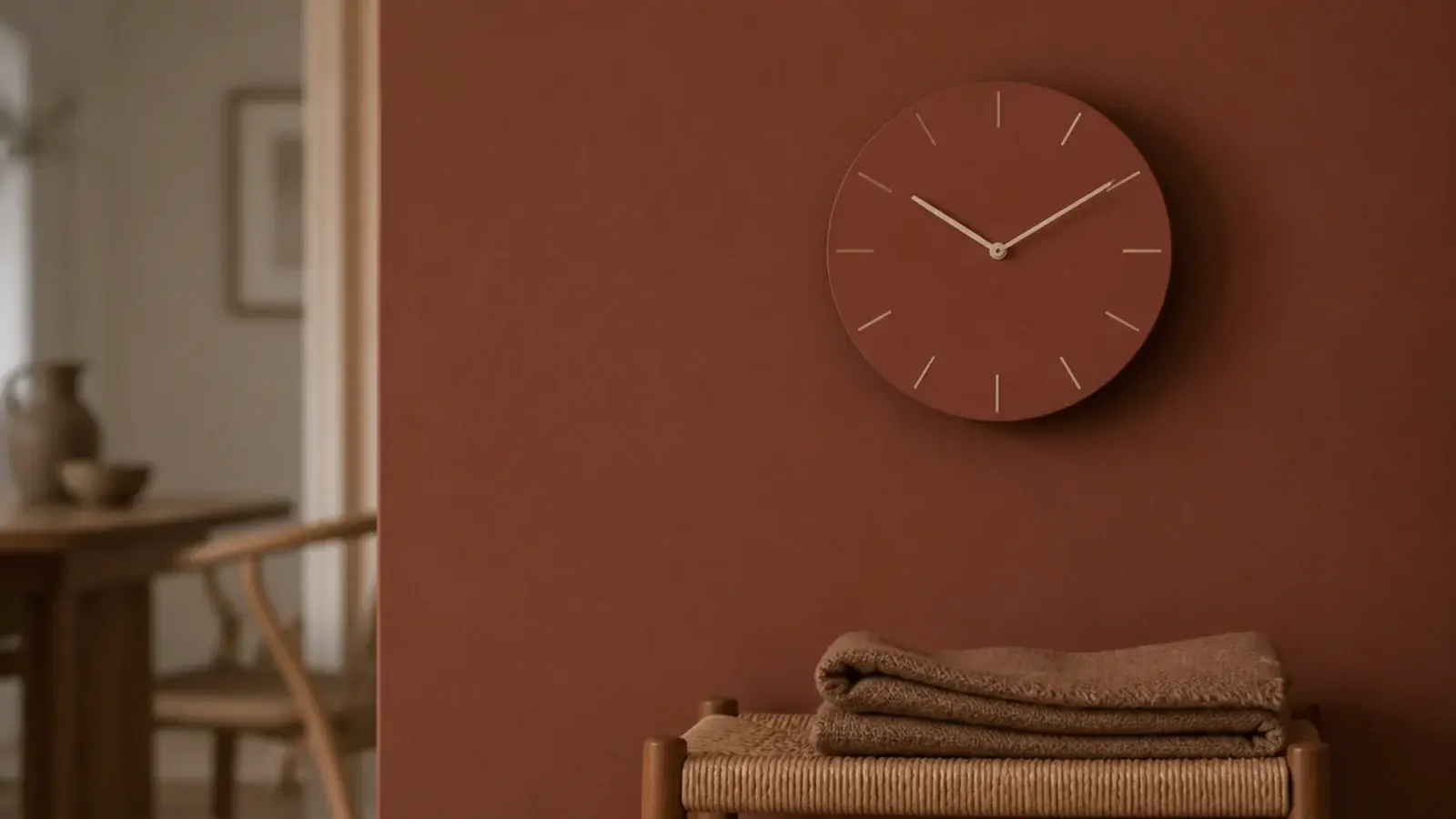 clock case painted the same clay tone as the wall behind