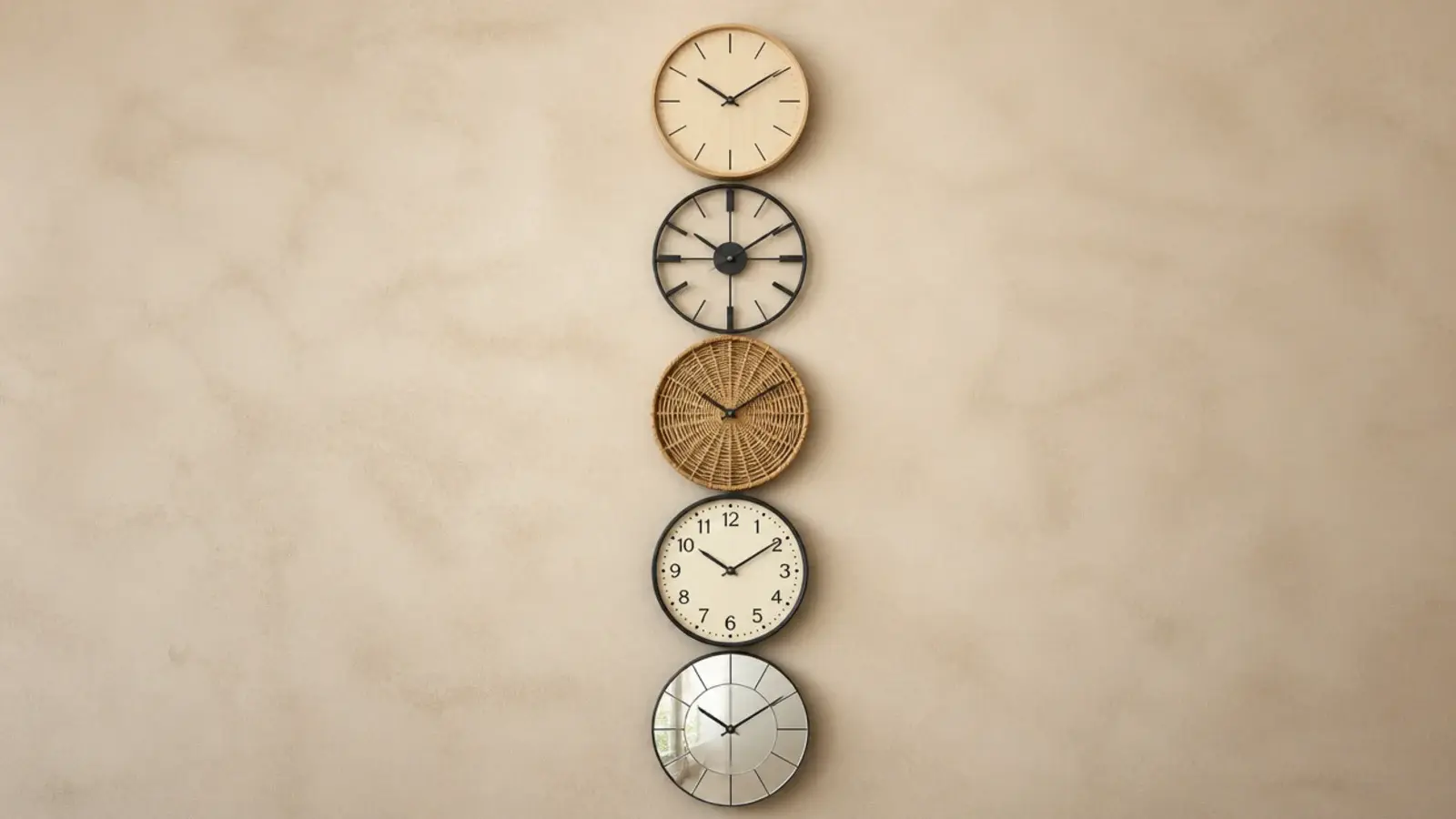 tall grid of five wall clock design styles on a plaster wall