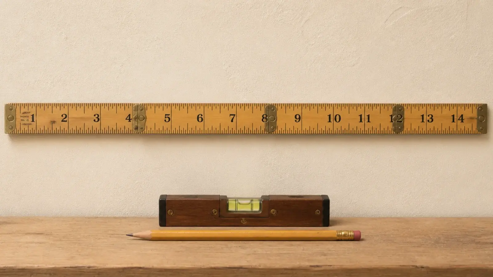 folding rule showing a fourteen inch span against bare plaster