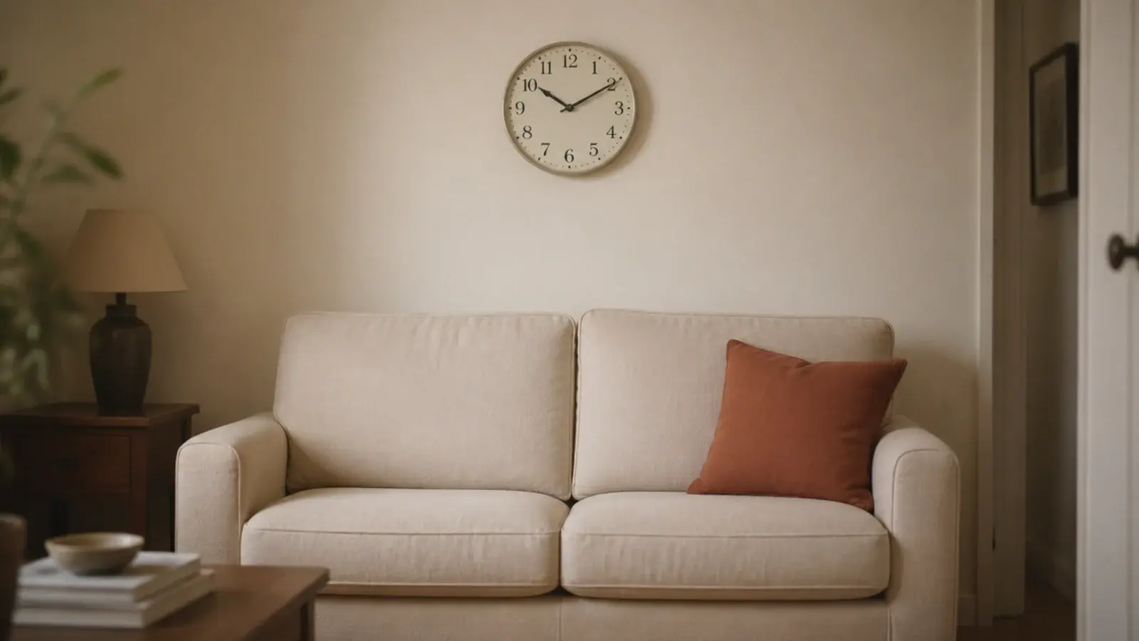 modest sized clock sitting comfortably on a short plaster wall
