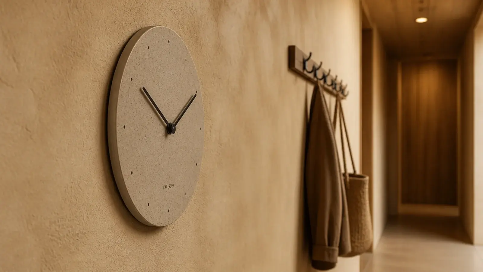 flat slim clock sitting almost flush on a narrow corridor wall