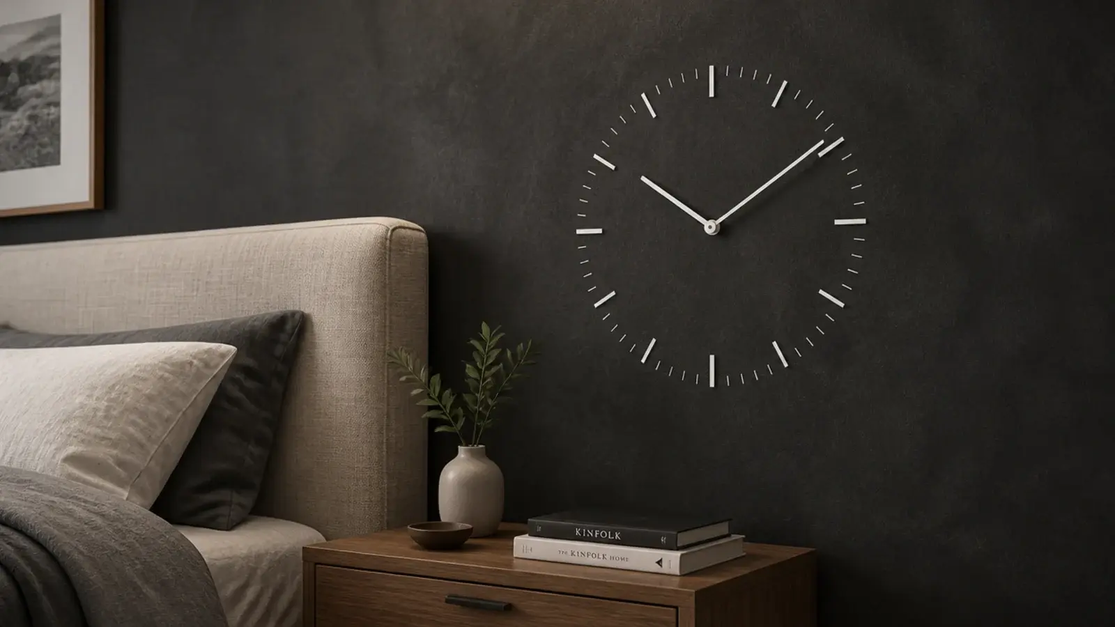marker only clock face on a quiet wall in a compact bedroom