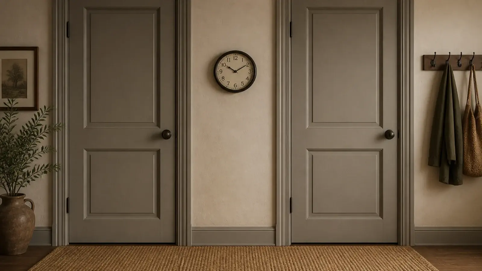 narrow clock centred on the plaster pier between two doorways