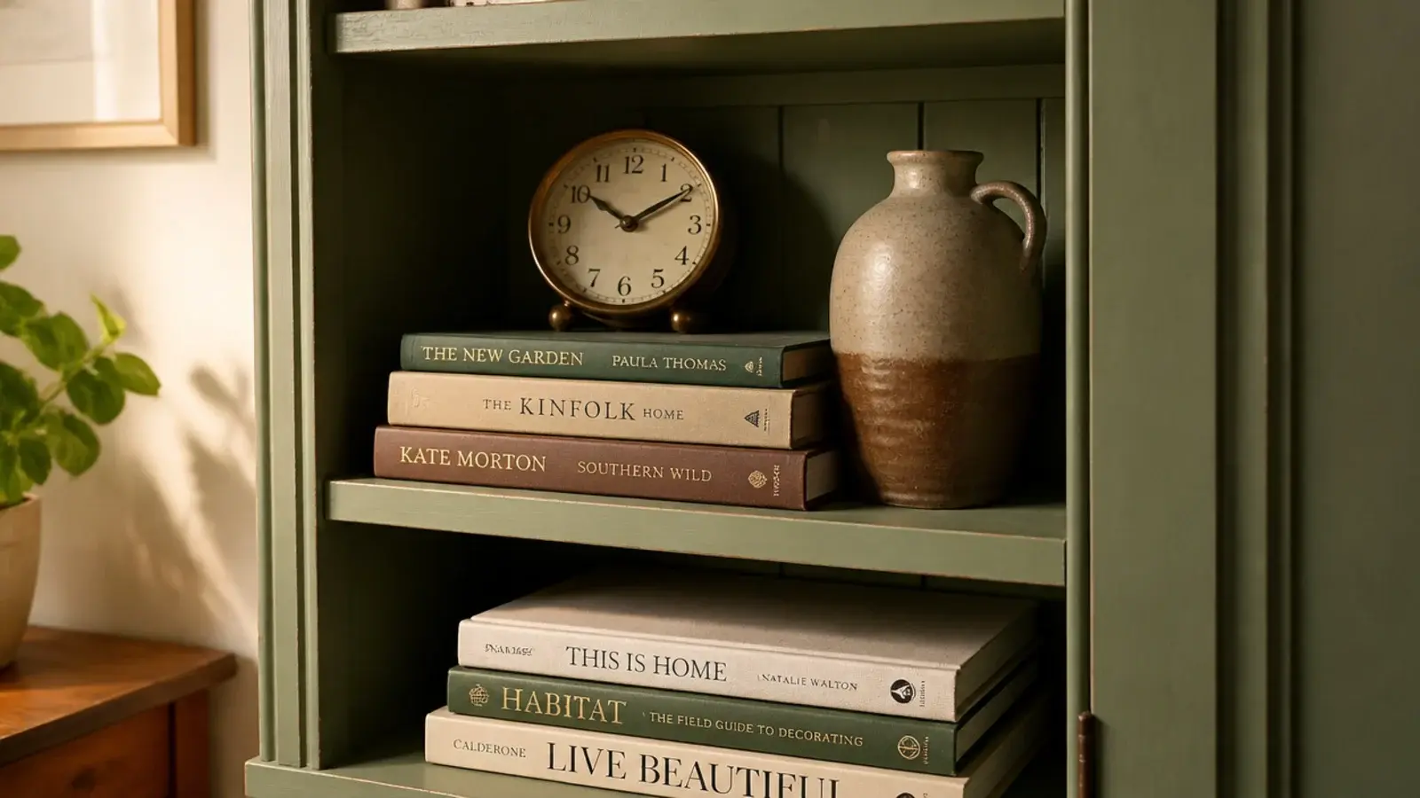small clock standing among books inside a painted shelf bay