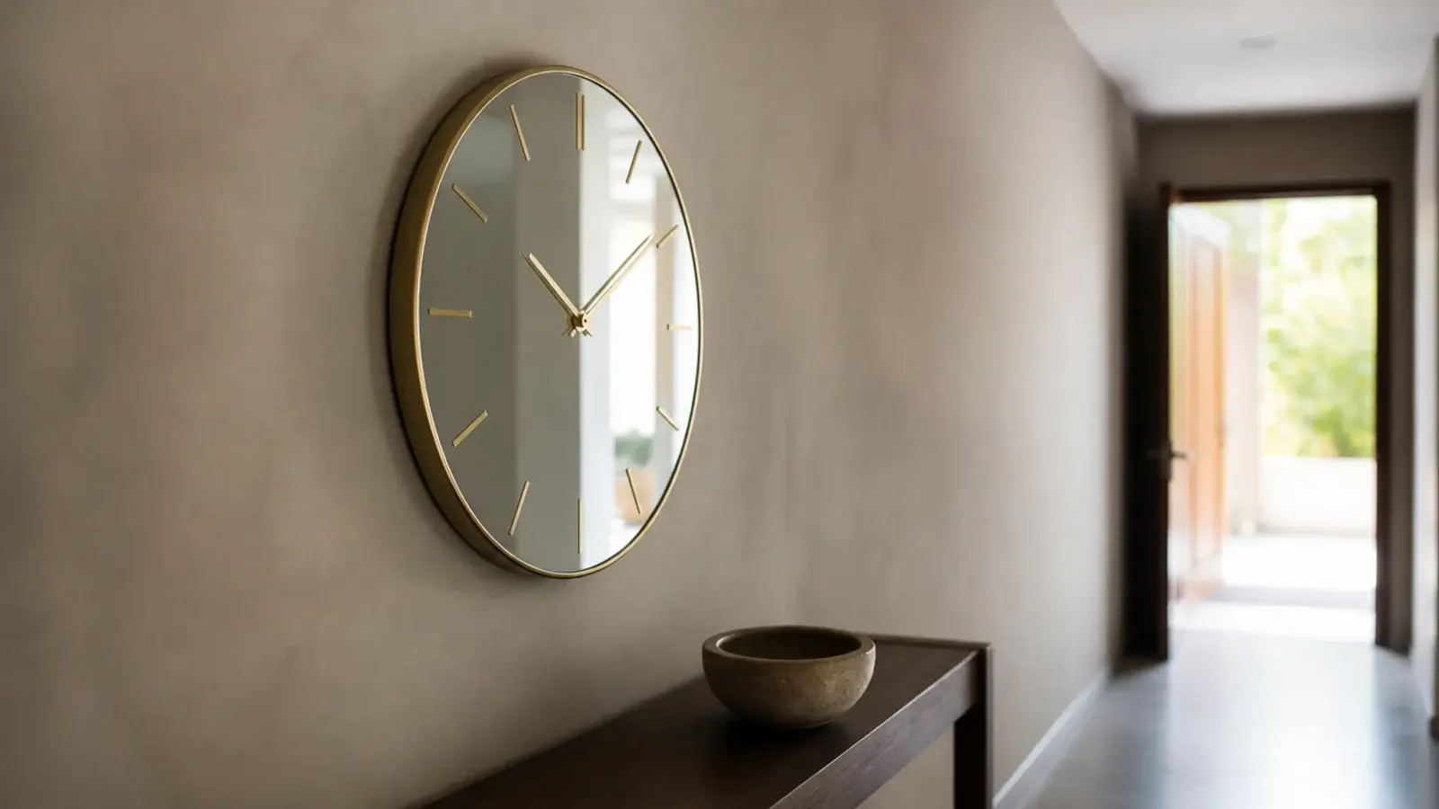 mirrored clock reflecting borrowed daylight down a dim hall