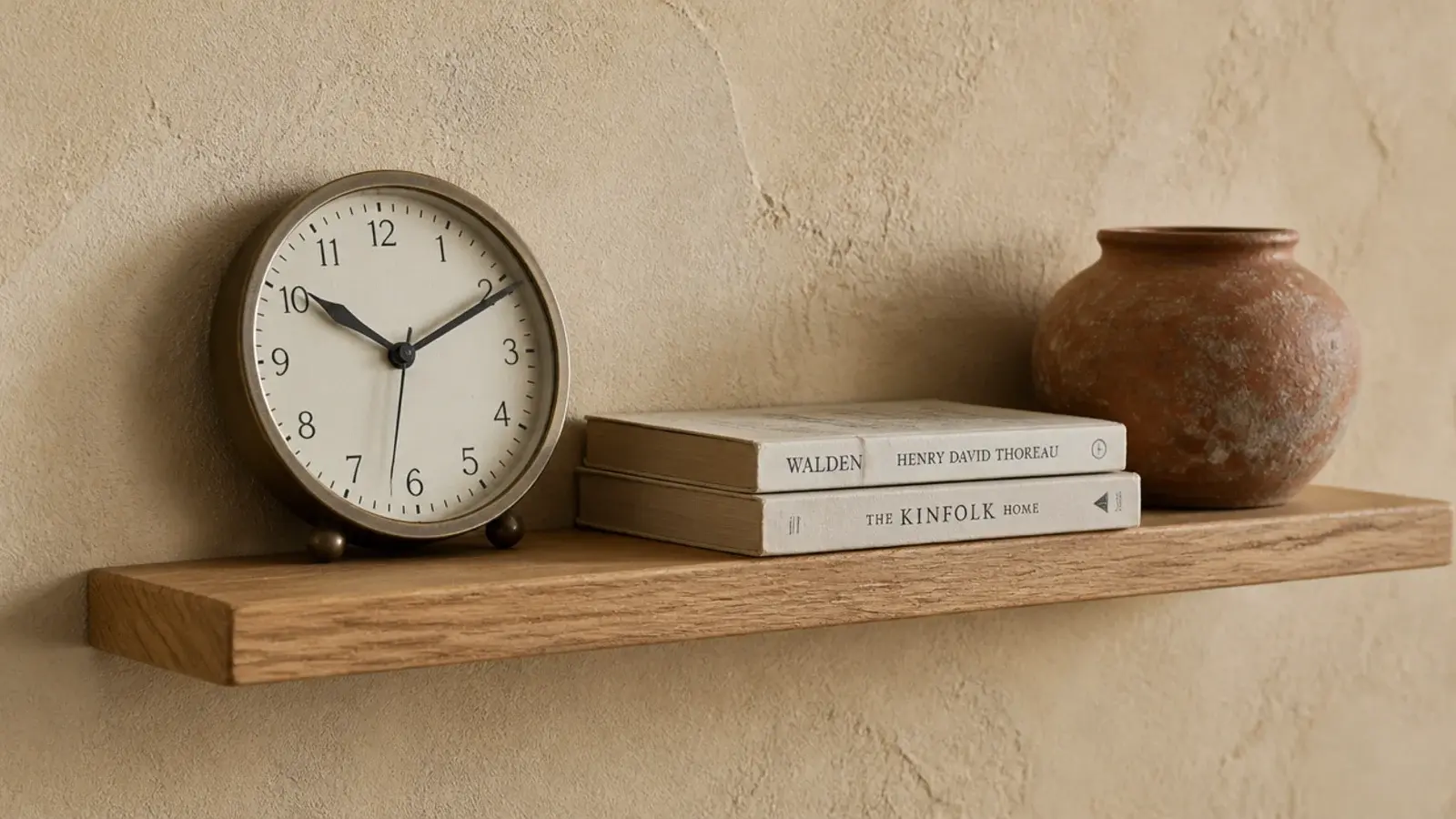 small clock leaning back against the wall on a slim ledge