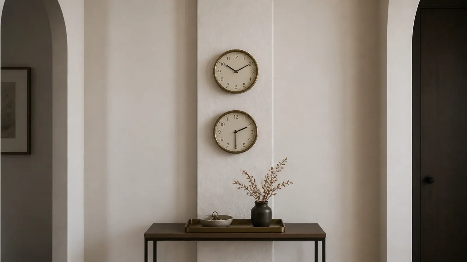 pair of small clocks stacked on a narrow strip of wall