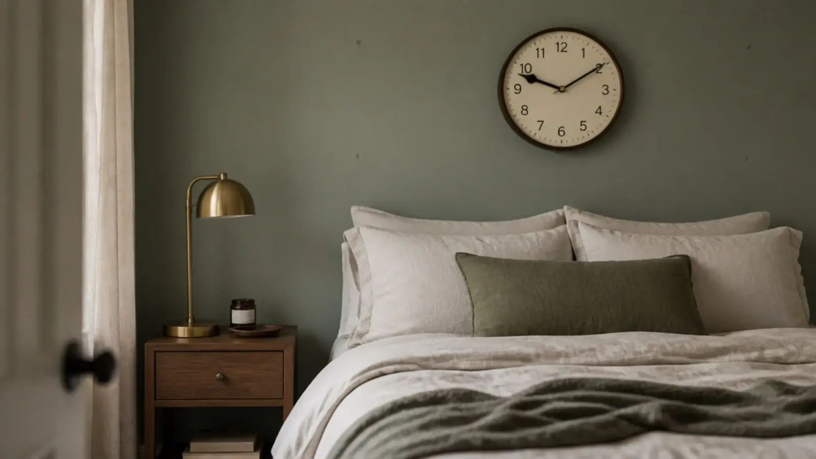 clock hung on marked studs above a bed in a compact room